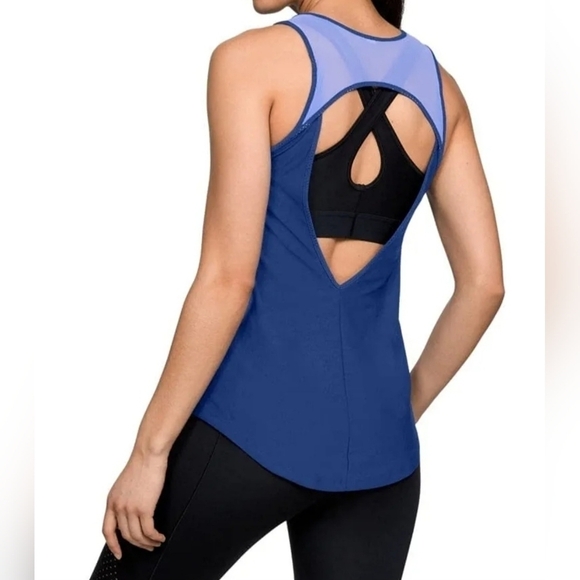 Under Armour Heat Gear Blue Sheer Tank Top Women's Medium M Open Back Fitted EUC - Picture 2 of 13